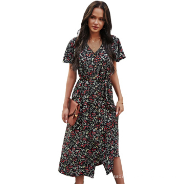 2021 Newest Spring And Summer Fashion Casual Retro Print dress Sexy Short Sleeved One Piece Long Skirt Women